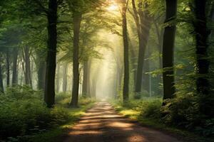 magico estate scenario nel un' sognante foresta, con raggi di luce del sole meravigliosamente illuminante il si diffonde di nebbia e pittura sbalorditivo colori in il alberi. alto qualità foto