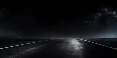 bagnato asfalto, riflessione di neon luci, un' proiettore, Fumo. astratto leggero nel un' buio vuoto strada con Fumo, smog. buio sfondo scena di vuoto strada, notte Visualizza, notte città. alto qualità foto