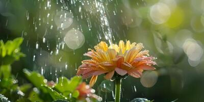 un' rosa, bianca o arancia fiore è con grazia essere annaffiato di un' acqua, circondato di un' bellissimo naturale paesaggio. alto qualità foto