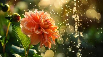 un' rosa, bianca o arancia fiore è con grazia essere annaffiato di un' acqua, circondato di un' bellissimo naturale paesaggio. alto qualità foto