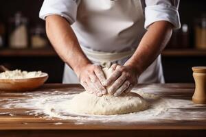 vicino su di un' maschio panettiere nel un' bianca uniforme impasto Impasto con il suo mani. maschio mani impasto Impasto foto