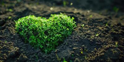 cuore fatto di erba su un' sfondo di terra, superiore Visualizza. rigenerativa e sostenibile concetto foto