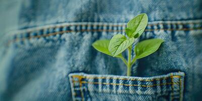 un' pianta germoglio nel un' jeans tasca. minimalista sfondo con copia spazio. responsabile consumo vestiario. rigenerativa e sostenibile concetto foto