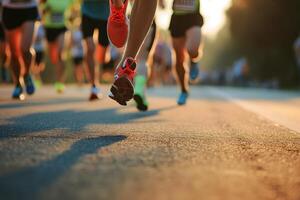 foto di il gambe di persone nel scarpe da ginnastica a partire dal dietro a in esecuzione lungo il strada contro il fondale di tramonto