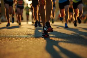 foto di il gambe di persone nel scarpe da ginnastica a partire dal dietro a in esecuzione lungo il strada contro il fondale di tramonto