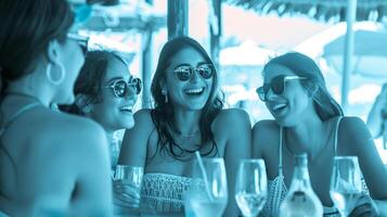 amiche seduta e avendo divertimento a spiaggia bar con cocktail foto