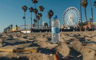 bottiglia di potabile acqua sta su non molto pulito spiaggia. Là è un' Ferris ruota su il sfondo. foto