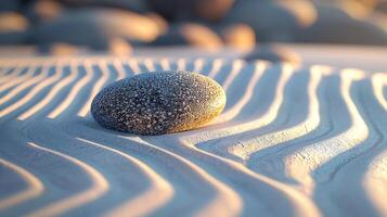 il atmosfera di meditazione e la tranquillità è convogliato di il onde su il sabbia e zen pietre. foto