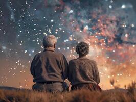 un anziano coppia orologi il stellato cosmico cielo. quiete e pacificazione insieme. contento vecchio età foto