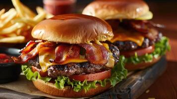 succoso hamburger sormontato con fuso formaggio e croccante Bacon foto