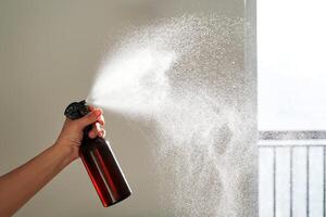 un' donna di mano spray un aria deodorante nel un' camera. foto