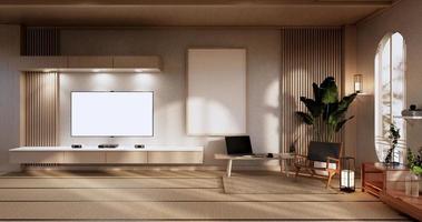 mobile mock up, soggiorno minimale, pavimento in tatami e poltrona design.3d rendering foto