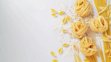 pasta ricetta preparazione flatlay sfondo con ingredienti, spaghetti, oliva olio, aglio, pomodori e spezie nel il cucina, fatti in casa cibo ricetta foto