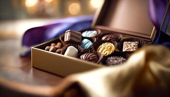 cioccolatini e cioccolato praline nel un' regalo scatola come un' lusso vacanza regalo, foto