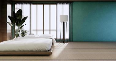 interni mock up con pianta da letto zen e decoartion in camera da letto giapponese alla menta. rendering 3D.