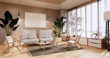 armadio in soggiorno con pavimento in tatami e divano poltrona design.3d rendering