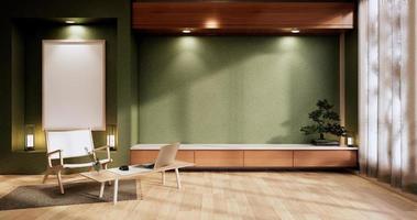 interni mock up, soggiorno minimal verde in stile giapponese.3d rendering