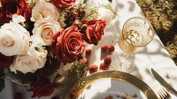 nozze e evento celebrazione tablescape con fiori, formale cena tavolo ambientazione con Rose e vino, elegante floreale tavolo arredamento per cena festa e vacanza decorazione, casa messa in piega foto