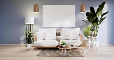 interni minimalisti, mobili per divani e piante, design moderno della stanza del cielo blu. Rendering 3d foto