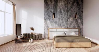 interni eleganti e minimalisti di una moderna camera in legno con un letto confortevole.3d rendering foto