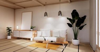 armadio in soggiorno con pavimento in tatami e divano poltrona design.3d rendering