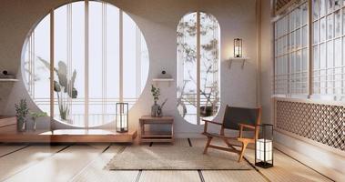 mobile mock up, soggiorno minimale, pavimento in tatami e poltrona design.3d rendering foto