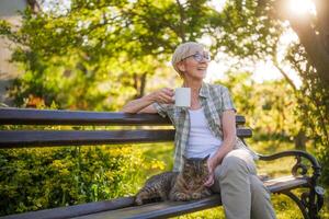 contento anziano donna gode potabile caffè e la spesa tempo con sua gatto mentre seduta su un' panchina nel sua giardino. foto