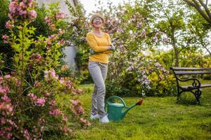 ritratto di contento anziano donna giardinaggio. foto