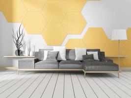 camera con divano e parete di piastrelle esagonali bianche. rendering 3d