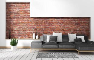soppalco soggiorno interno con divano e muro modello mattone nel muro bianco. rendering 3d foto