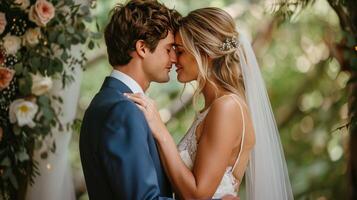 sposa e sposo baci nel Chiesa foto