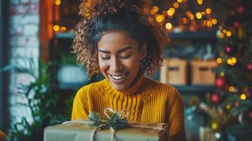 donna Tenere un' presente nel davanti di un' Natale albero foto