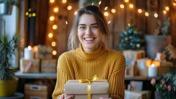 donna Tenere un' presente nel davanti di un' Natale albero foto