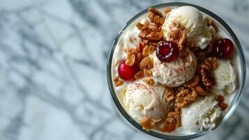 tazza pieno con ghiaccio crema e cioccolato patatine fritte foto