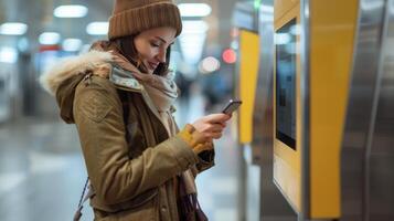 donna in piedi nel davanti di macchina, controllo Telefono foto