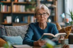 donna seduta a un' tavolo lettura un' libro foto