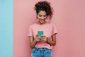 donna nel rosa camicia guardare a cellula Telefono foto