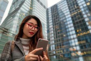 donna indossare bicchieri guardare a cellula Telefono foto