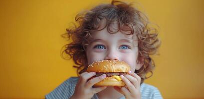 bambino mangiare Hamburger su giallo sfondo foto