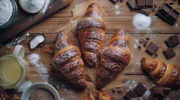 Cornetti, cioccolato, mandorle, e ingredienti su di legno tavolo foto