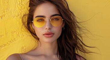 donna nel occhiali da sole in posa contro giallo parete foto