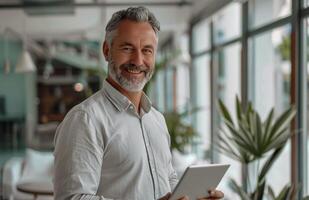 sorridente uomo Tenere tavoletta computer nel ufficio foto