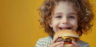 bambino mangiare Hamburger su giallo sfondo foto