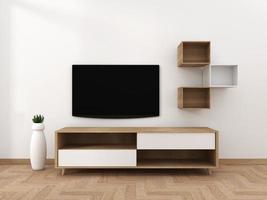 smart tv mockup con schermo nero vuoto appeso all'arredamento dell'armadio, soggiorno moderno in stile zen. rendering 3d foto