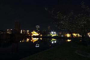 tramonto vicino il stagno a il tradizionale parco nel ueno tokyo foto