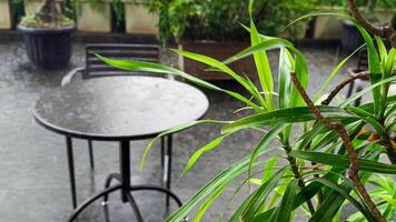 giardino tavolo nel il mezzo di il pioggia. foto