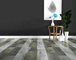piastrelle pavimento in piastrelle di legno scuro e sfondo scuro della parete in camera in stile tropicale. rendering 3d foto