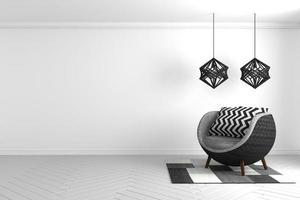 concetto vuoto - moderna composizione in bianco e nero con lampada artistica e divano moderno e trama di tappeti art. rendering 3d foto