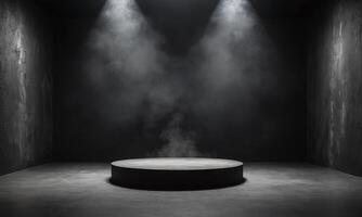 podio nero buio Fumo sfondo Prodotto piattaforma astratto palcoscenico struttura nebbia riflettore foto