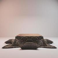 Kotatsu tavolino basso in stile giapponese e cuscino su sfondo bianco.3d rendering foto
